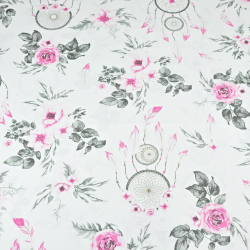 Baumwolle 100% - Rosen mit Traumfänger in rosa-grau auf weißem Hintergrund  