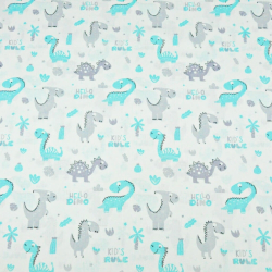 100% Baumwolle - mintgrüne und graue Dinosaurier mit Palmen auf weißem Hintergrund  