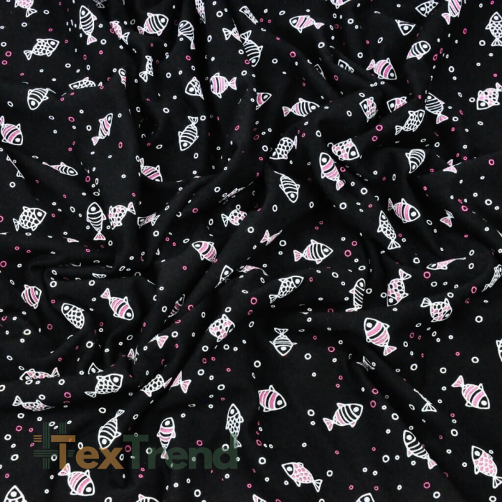 Sweatstoff Loop - Fische weiß-rosa auf schwarzem Hintergrund  