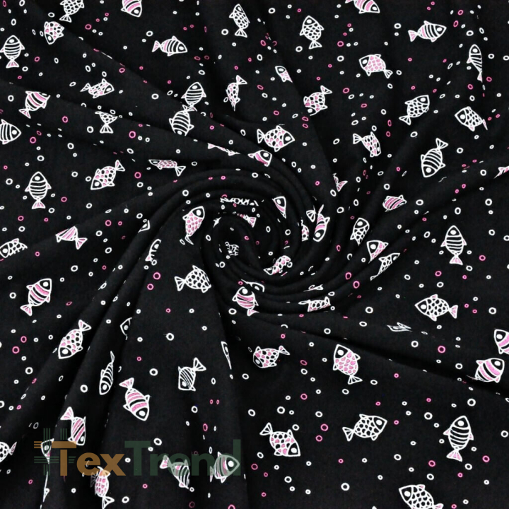 Sweatstoff Loop - Fische weiß-rosa auf schwarzem Hintergrund  