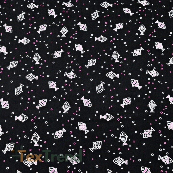 Sweatstoff Loop - Fische weiß-rosa auf schwarzem Hintergrund  