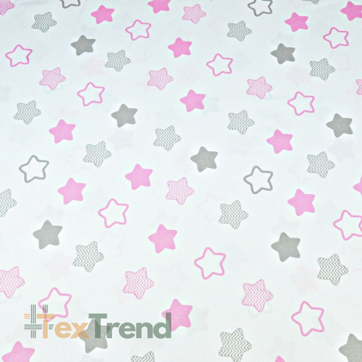 Baumwolle 100% - rosa-graue Lebkuchensterne auf weißem Hintergrund  