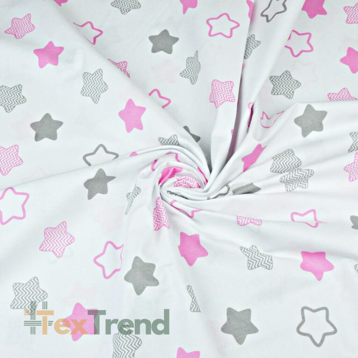 Baumwolle 100% - rosa-graue Lebkuchensterne auf weißem Hintergrund  