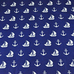 Baumwolle 100% - weiße Anker und Schiffe auf dunkelblauem Hintergrund  