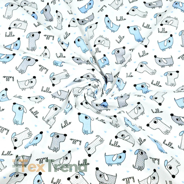 100% Baumwolle - blaue und graue Hunde auf weißem Hintergrund  