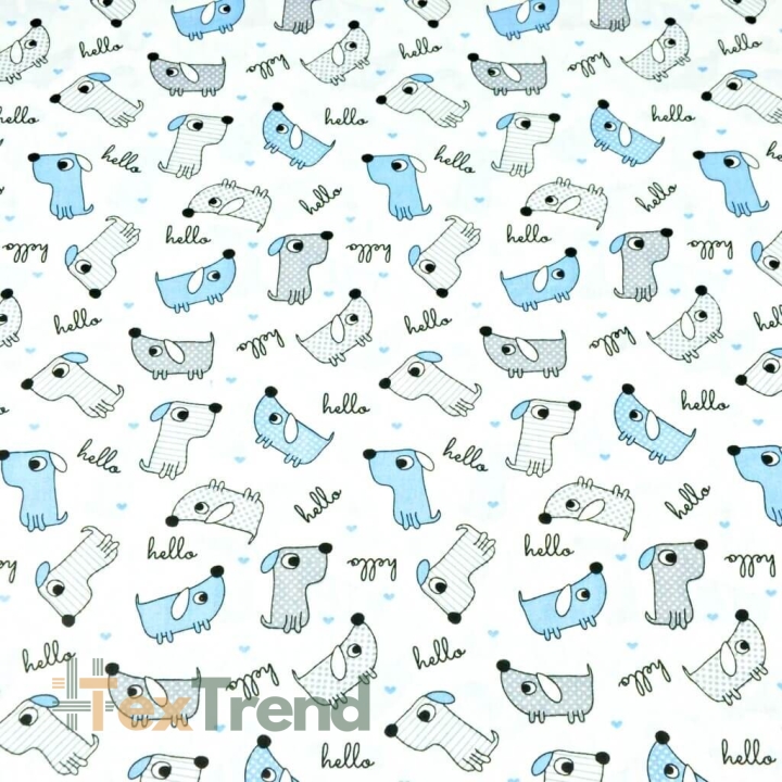 100% Baumwolle - blaue und graue Hunde auf weißem Hintergrund  