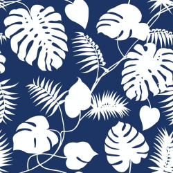 100% Baumwolle - weiße Blätter auf dunkelblauem Hintergrund  