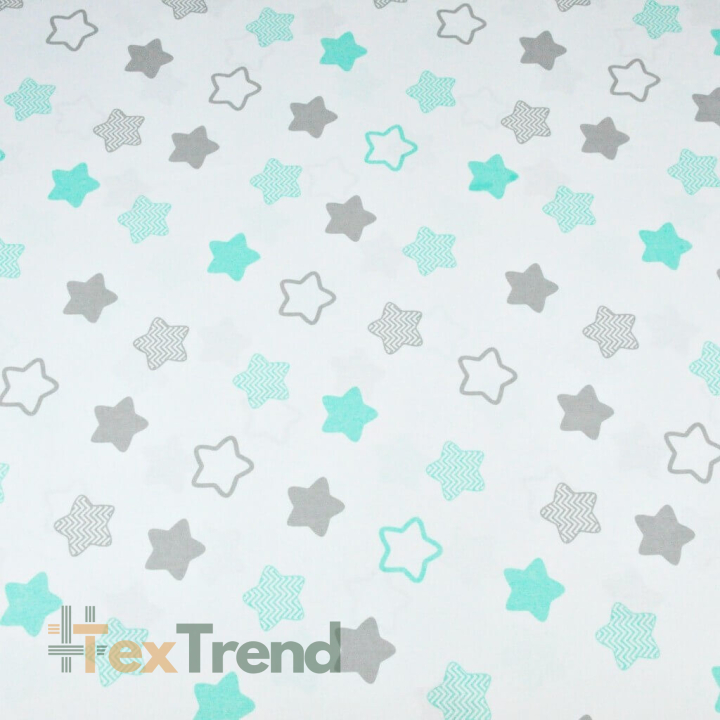 Baumwolle 100% - mint-graue Lebkuchensterne auf weißem Hintergrund  