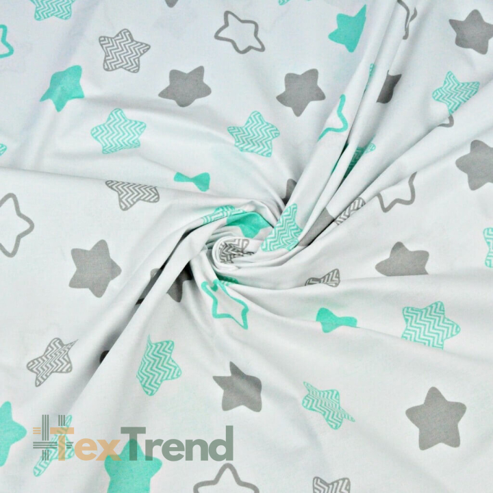 Baumwolle 100% - mint-graue Lebkuchensterne auf weißem Hintergrund  