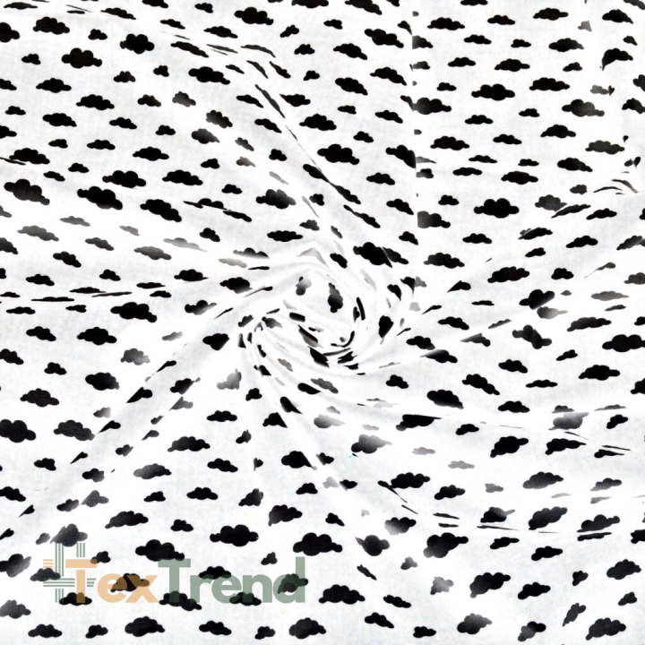 Baumwolle 100% MINI Wolken schwarz auf weißem Hintergrund  