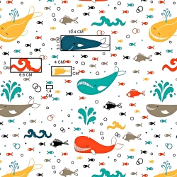 Baumwolle 100% bunte Wale auf weißem Hintergrund  