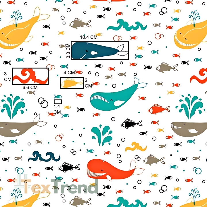 Baumwolle 100% bunte Wale auf weißem Hintergrund  