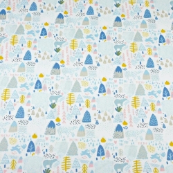 100% Baumwolle - blaue MINI Bären mit Bäumen auf weißem Hintergrund  