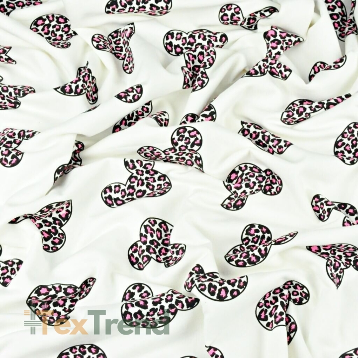 Einfarbiger Sweatstoff - Micky in rosa Leopardenmuster auf ecrufarbenem Hintergrund  