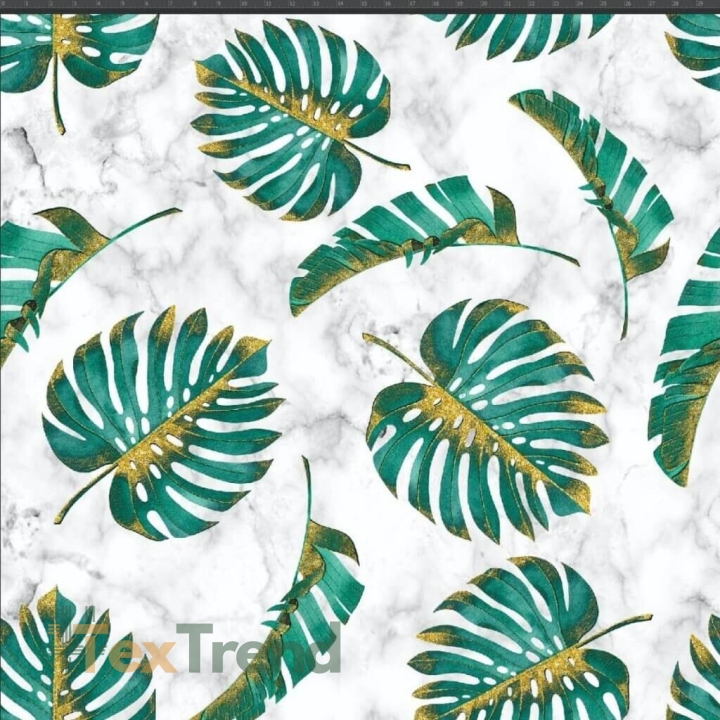 Jersey Stoff Digitaldruck - Monstera-Blätter grün-gold auf weißem Marmor-Hintergrund  