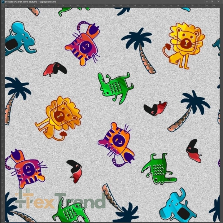 Interlock-Jersey Digitaldruck - bunte Tiere auf grauem Melange-Hintergrund  