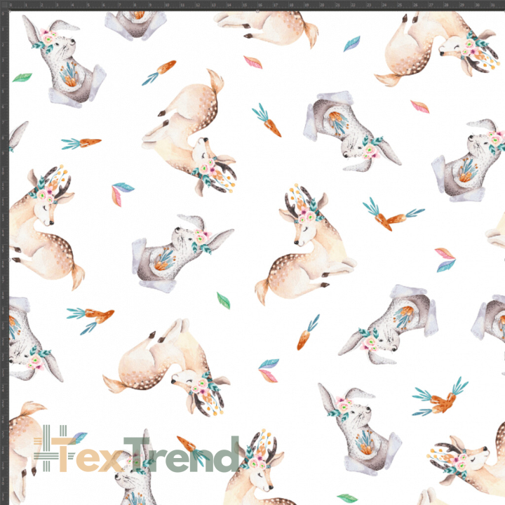 Interlock-Jersey Digitaldruck - Rehkitze und Kaninchen auf weißem Hintergrund  