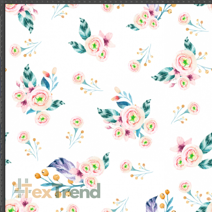 Interlock-Jersey Digitaldruck - rosa-grüne Sträuße auf weißem Hintergrund  