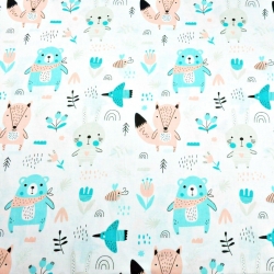 Baumwolle 100% Tiere auf der Wiese aprikosen-minze auf weißem Hintergrund  