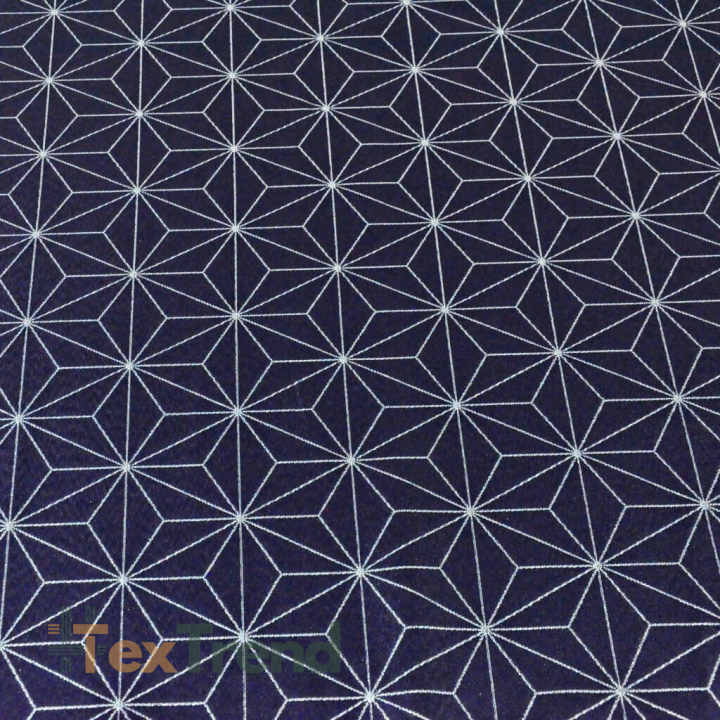 Dekorative Stoffe doppelseitig metallisiert - geometrisches Muster silber auf dunkelblauem Hintergrund  