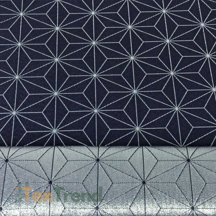 Dekorative Stoffe doppelseitig metallisiert - geometrisches Muster silber auf dunkelblauem Hintergrund  