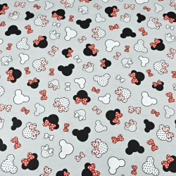 Baumwolle 100% - kleine schwarz-rote Miki mit Schleife auf grauem Hintergrund  