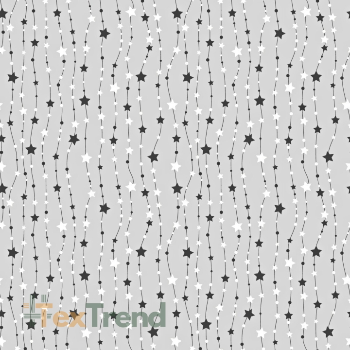 Baumwolle 100% Sterne an einer Kette schwarz-weiß auf grauem Hintergrund