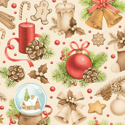 Baumwolle 100% Weihnachtsmuster Dekorationen beige-rot auf ecrufarbenem Hintergrund  