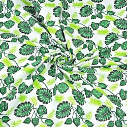 Baumwolle 100% - kleine grüne Monstera-Blätter auf weißem Hintergrund  