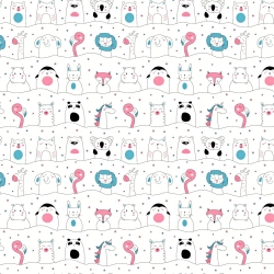 Baumwolle 100% mit rosa-blauen Tieren in Linien auf weißem Hintergrund  