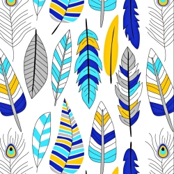 Baumwolle 100% mit blau-türkis-gelben Federn auf weißem Hintergrund  