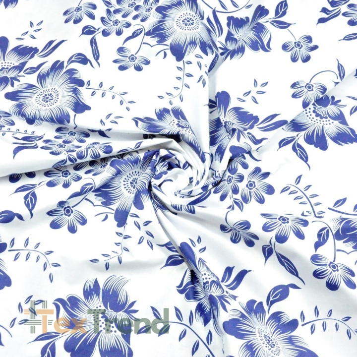 Baumwolle 100% blaue Blumen auf weißem Hintergrund  