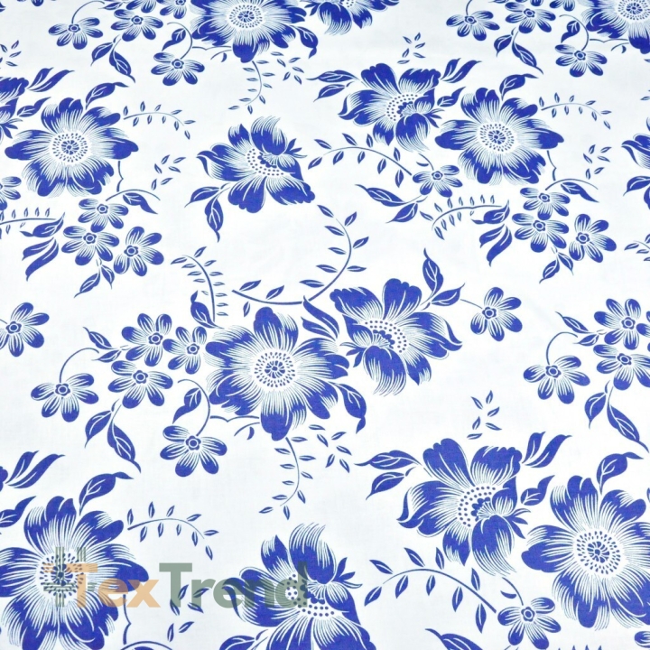 Baumwolle 100% blaue Blumen auf weißem Hintergrund  