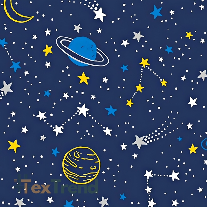 Baumwolle 100% Galaxie gelb-blau auf navy Hintergrund  