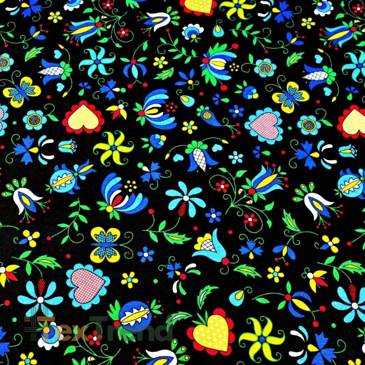 Baumwolle 100% Kaschubisches Muster blau auf schwarzem Hintergrund  