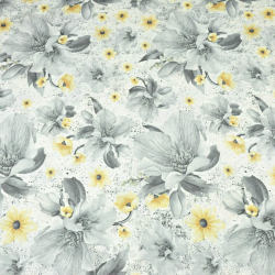 100% Baumwolle Magnolienblüten grau-gelb auf weißem Hintergrund  