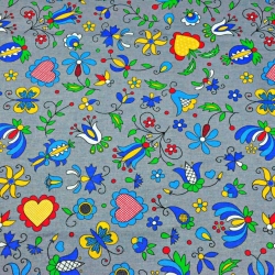 Baumwolle 100% Kaschubisches Muster blau auf grauem Hintergrund  