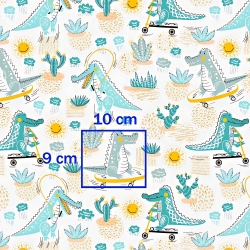 Baumwolle 100% mintfarbene Krokodile auf Skateboards auf weißem Hintergrund  
