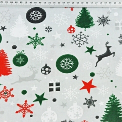 Baumwolle 100% Weihnachtsmuster rot-grün auf grauem Hintergrund  