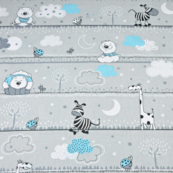 100% Baumwolle türkise Bären und Giraffen in Streifen auf grauem Hintergrund  