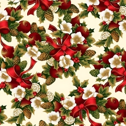 Baumwolle 100% Weihnachtsmuster goldene Kranz rot-grün auf ecrufarbenem Hintergrund  