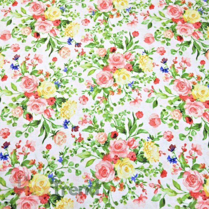 Baumwolle 100% Blumensträuße bunt auf weißem Hintergrund 220cm  