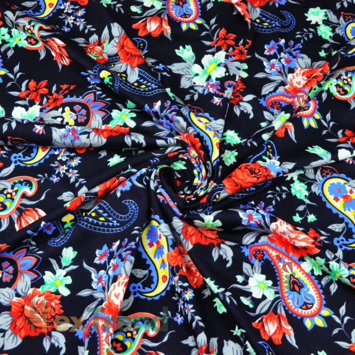 Jersey-Stoff mit bunten Blumen auf navy Hintergrund  