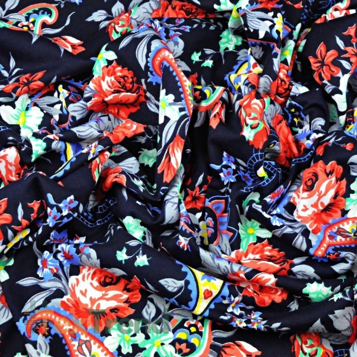 Jersey-Stoff mit bunten Blumen auf navy Hintergrund  