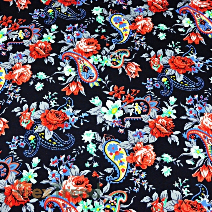 Jersey-Stoff mit bunten Blumen auf navy Hintergrund  