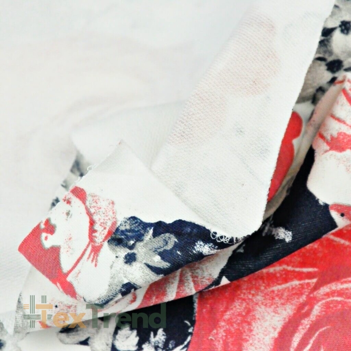 Jersey Loop - rot-blau gestreifte Rosen auf weißem Hintergrund  