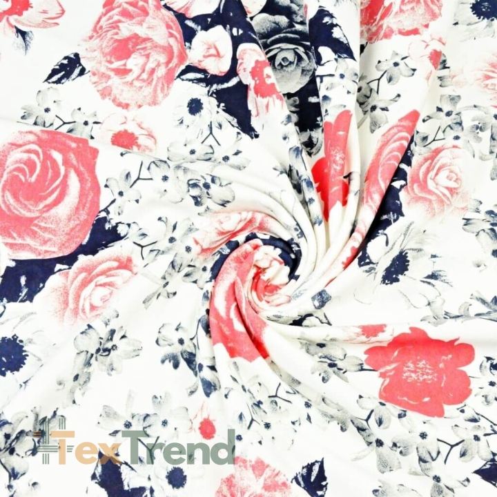 Jersey Loop - rot-blau gestreifte Rosen auf weißem Hintergrund  