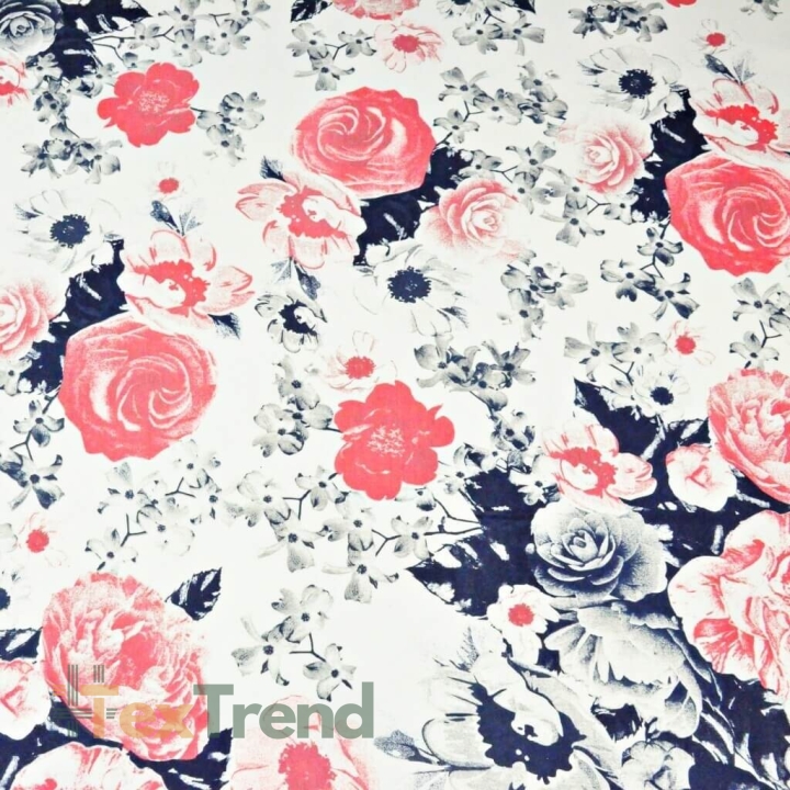 Jersey Loop - rot-blau gestreifte Rosen auf weißem Hintergrund  