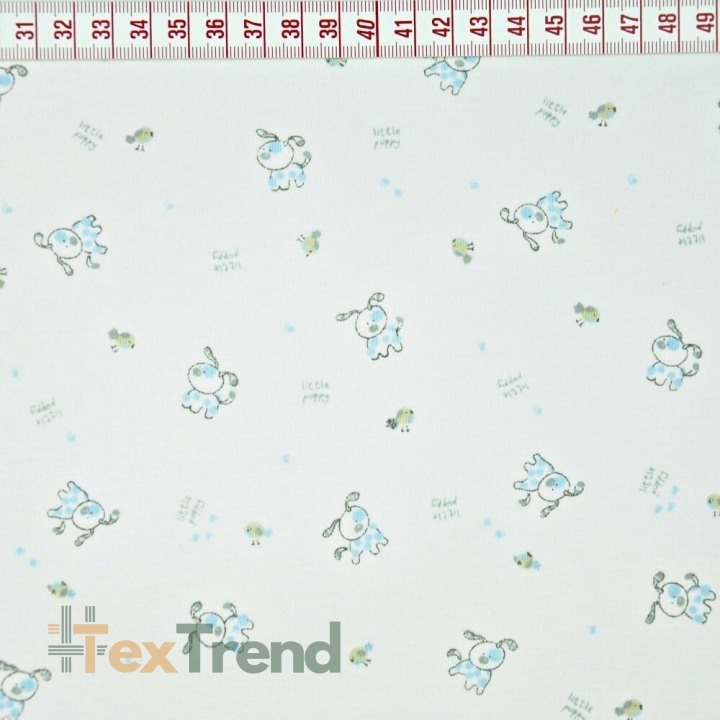Jersey-Stoff mit blauen Hunden auf weißem Hintergrund  