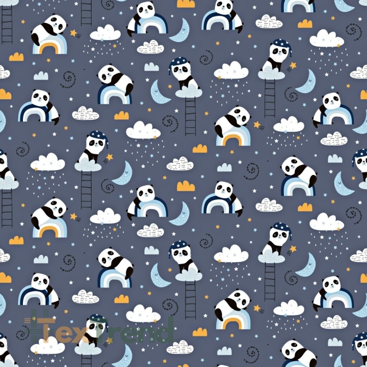 Baumwolle 100% Pandas mit Regenbogen auf dunkelgrauem Hintergrund  